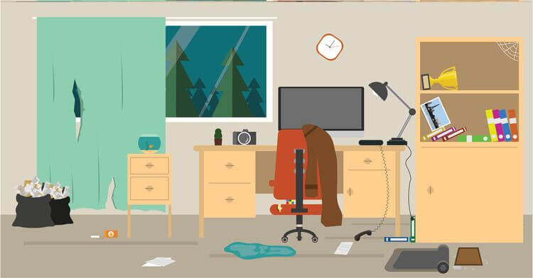Image of a chaotic home office with clutter everywhere