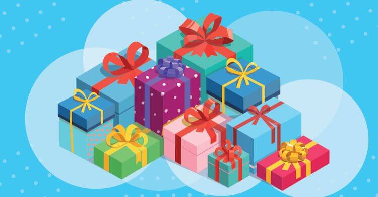 this image shows a pile of wrapped presents, stacked together with varying colours of wrapping paper and ribbon