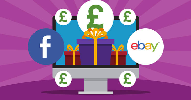 image shows a computer monitor with pop ups coming out with logos of ebay, facebook and money