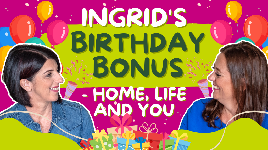 image shows ingrid and lesley facing each other, surrounded by balloons and celebratory images