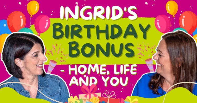 image shows ingrid and lesley facing each other, surrounded by balloons and celebratory images