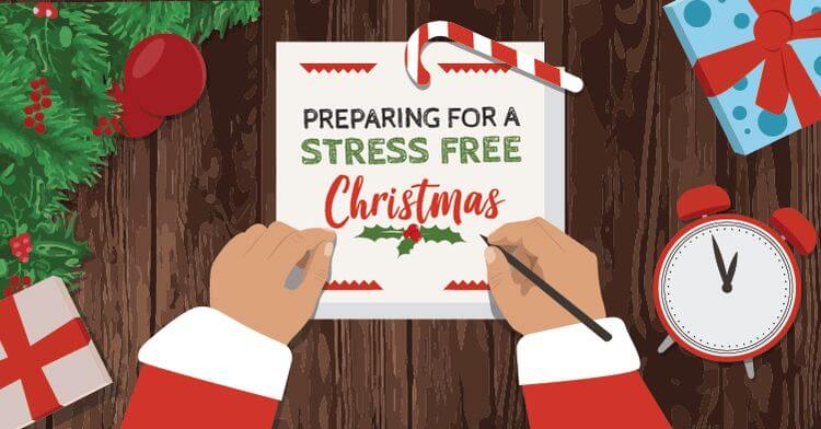 image shows father christmas' hands surrounded by presents, writing the words 'preparing for a stress free christmas'