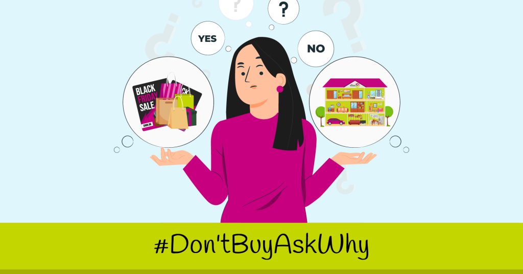 image shows a woman trying to decide between shopping or saving money