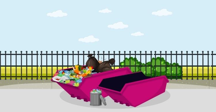 picture shows two pink skips, one full of waste and the other empty