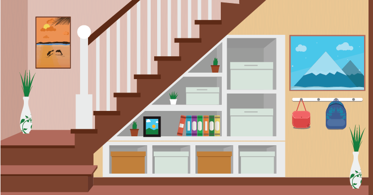 image shows stairs with storage underneath them