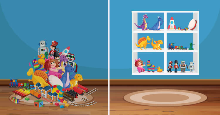 image shows a room, one side is messy with toys and the other side is organised