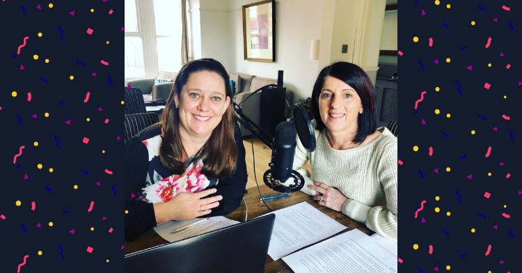 image shows ingrid and lesley sat at a table with podcast equipment