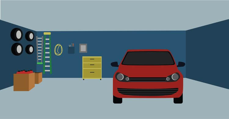 image shows an organised garage with a car inside