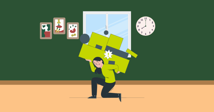 image shows a woman crouched down carrying the mental load on her back