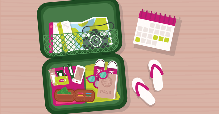 image shows a suitcase with items packed inside such as phone, wallet, shoes, camera