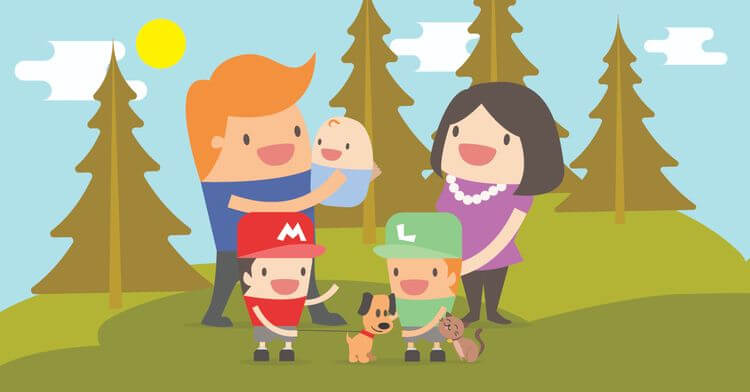image shows a cartoon family walking in the sunshine