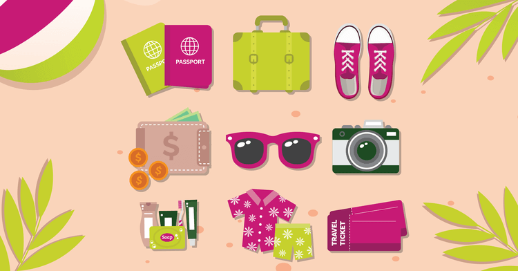 image shows various things needed for a holiday such as sunglasses, a camera, passport