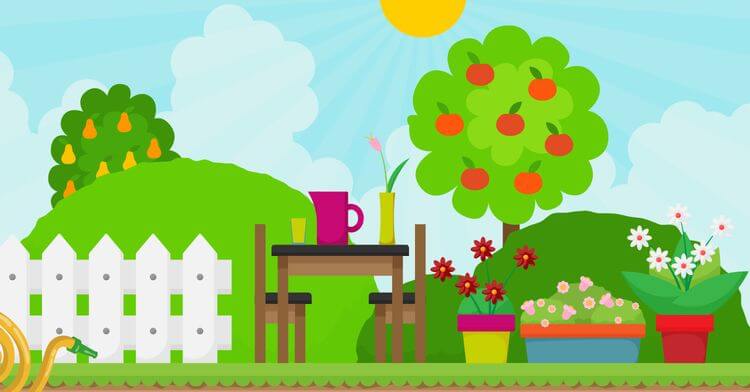 image shows a garden with trees and gardening items