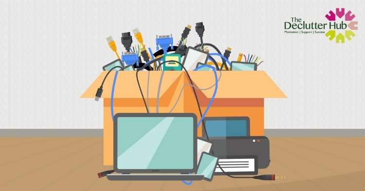 image shows an overflowing, messy box with various items in